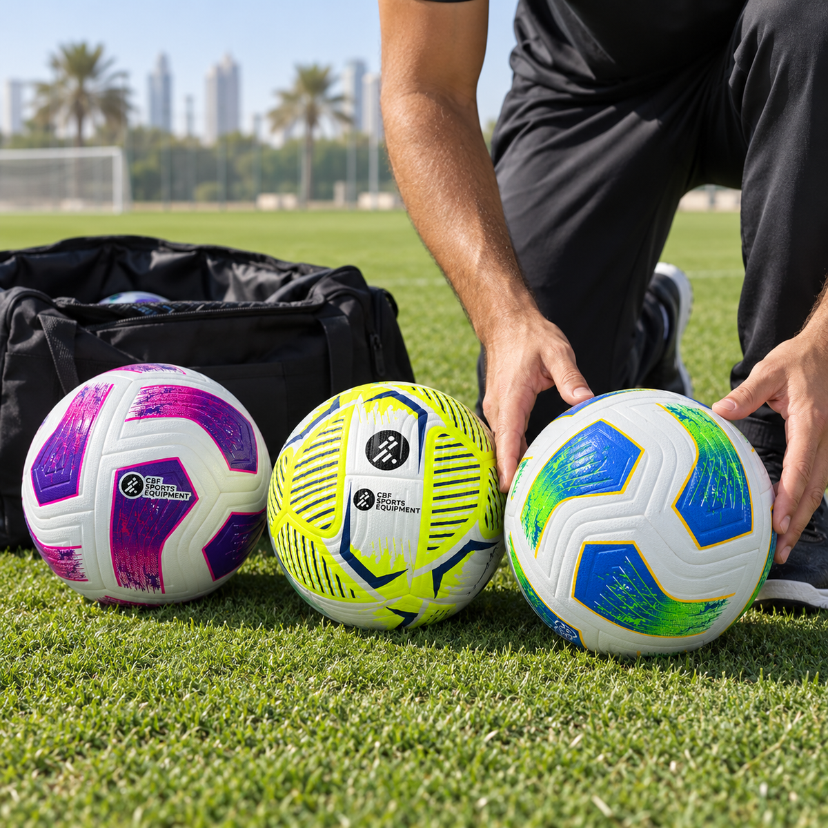 AI-generated lifestyle image of a coach arranging three CBF training footballs on a pitch