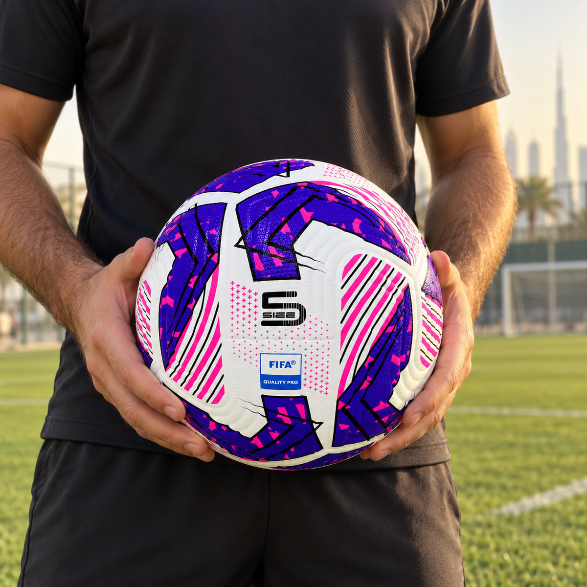AI-generated lifestyle image of a coach holding the CBF FIFA Quality Pro Size 5 football