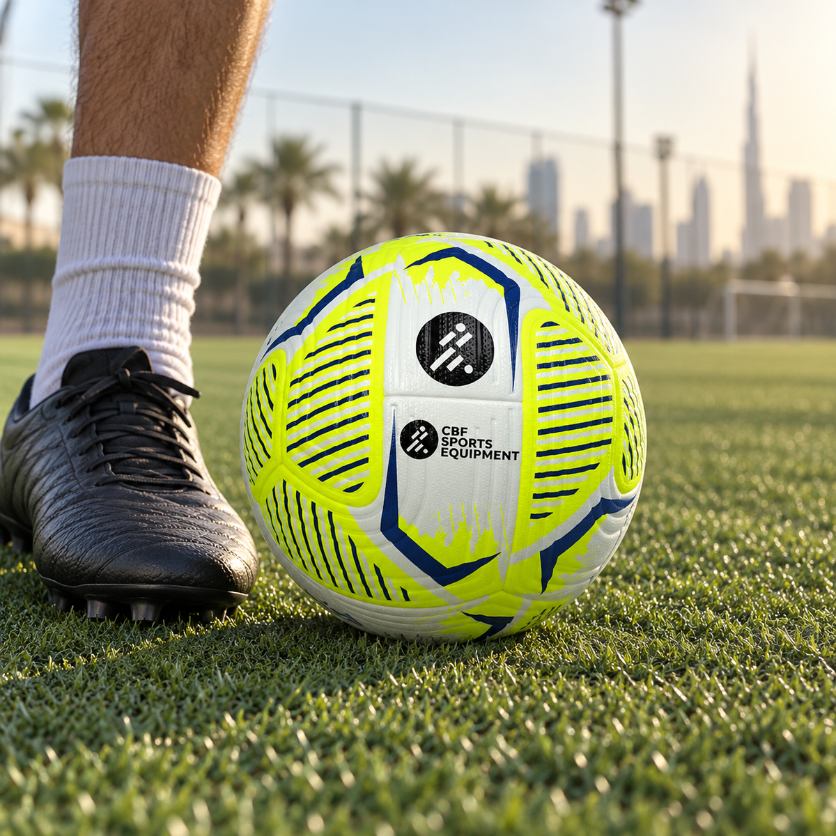 AI-generated lifestyle image of a yellow CBF training football beside a player’s boot