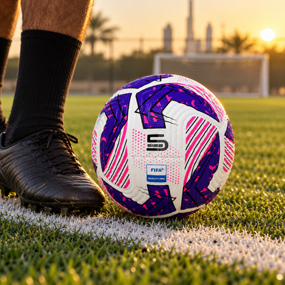 AI-generated lifestyle image of the CBF FIFA Quality Pro football beside a boot on a pitch