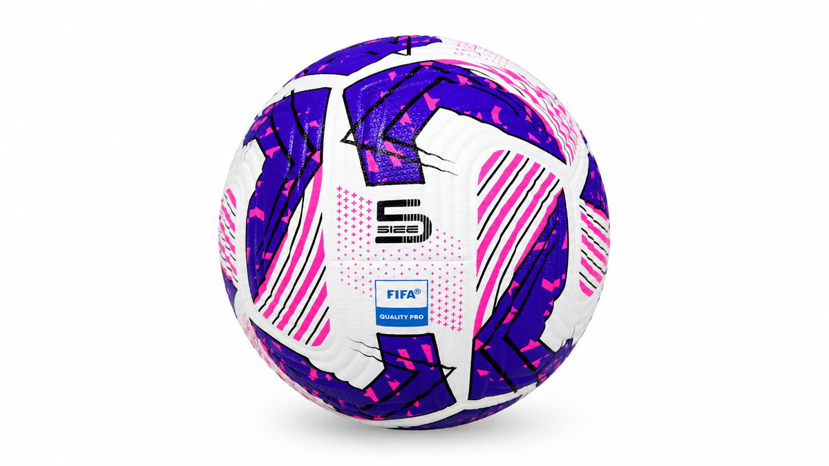 CBF Size 5 football with a FIFA Quality Pro mark and purple and pink graphics